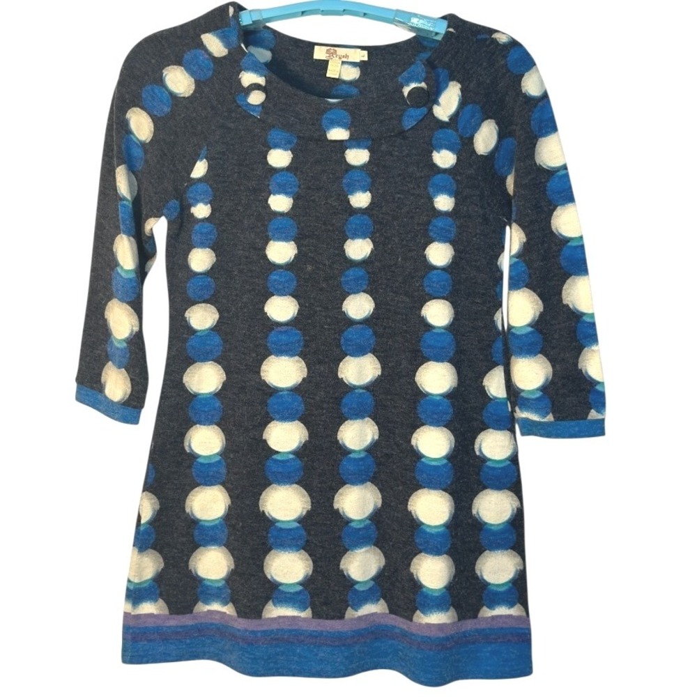 Aryeh Sweater Dress Blue Gray White Polka Dot 3/4 Sleeve Round Neck Stripe Hem L